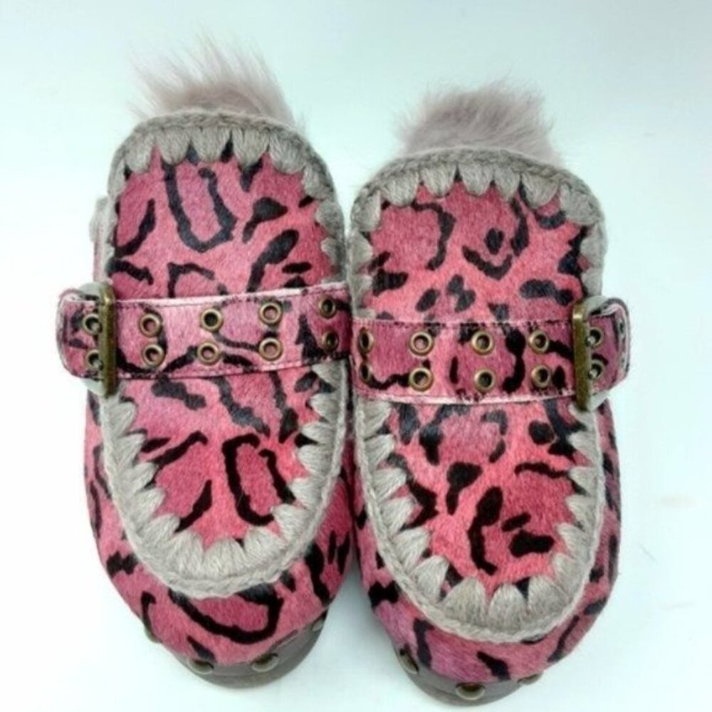 MOU Leopard Pink Pony Hair Shearling Platform Clogs 37 - Picture 2 of 13